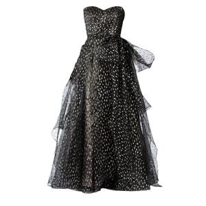 NWT Rene Ruiz Black Metallic Gold Fleck Organza Strapless Bow Fit Flare Gown